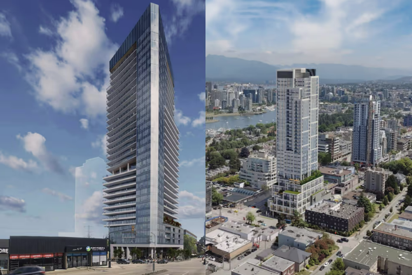 西百老汇大街1795号西塔楼用地(左)与西百老汇大街1368-1398号东塔楼用地(右)效果图。(图源:W.T. Leung建筑事务所/协平世博)