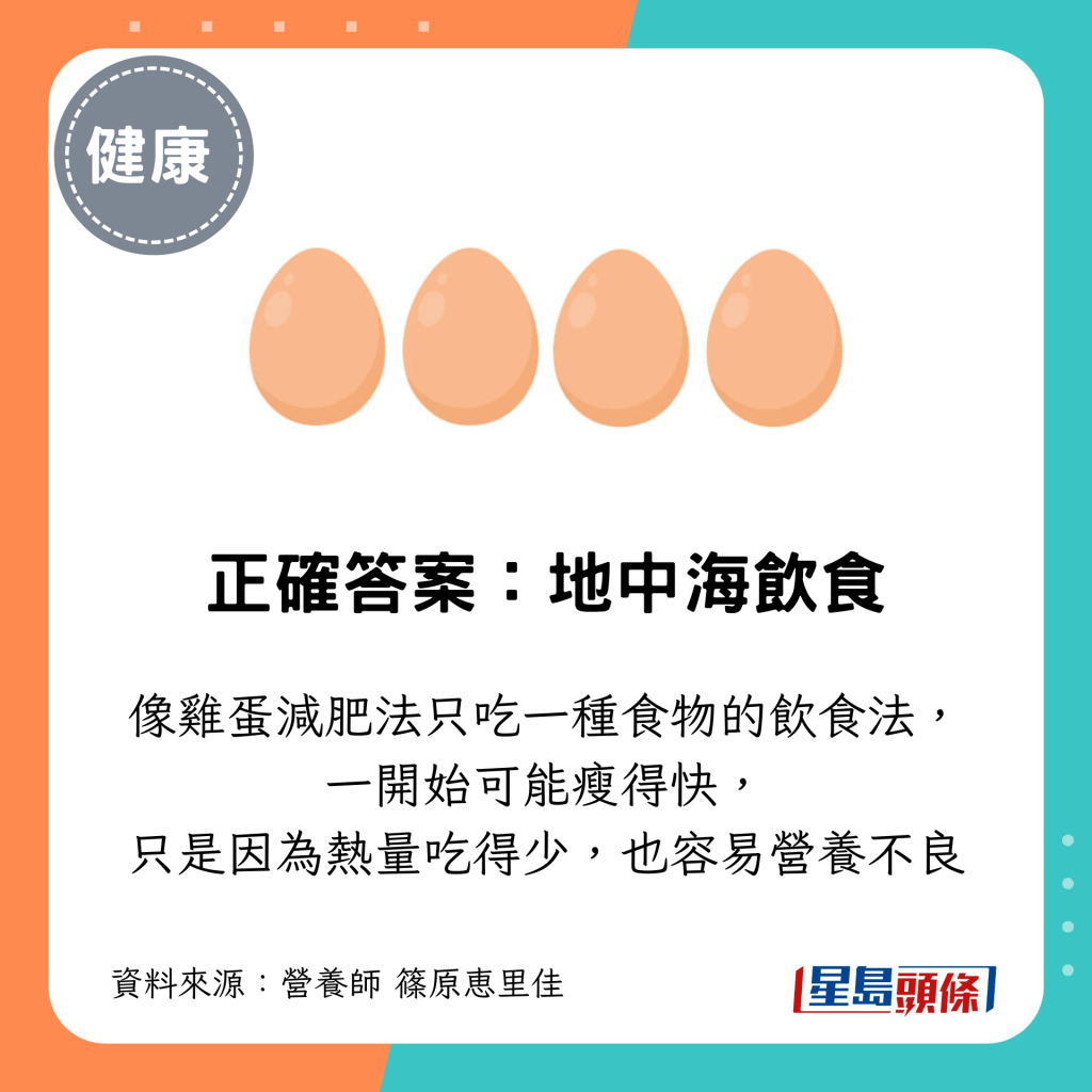 像鸡蛋减肥法只吃一种食物的饮食法， 一开始可能瘦得快， 只是因为热量吃得少，也容易营养不良