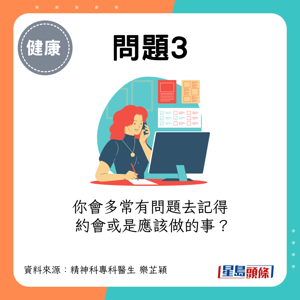 (评分:由1至5分,1是“从不”,5是“非常频繁”)你会多常有问题去记得约会或是应该做的事? (评分:由1至5分,1是“从不”,5是“非常频繁”)你会多常有问题去记得约会或是应该做的事?