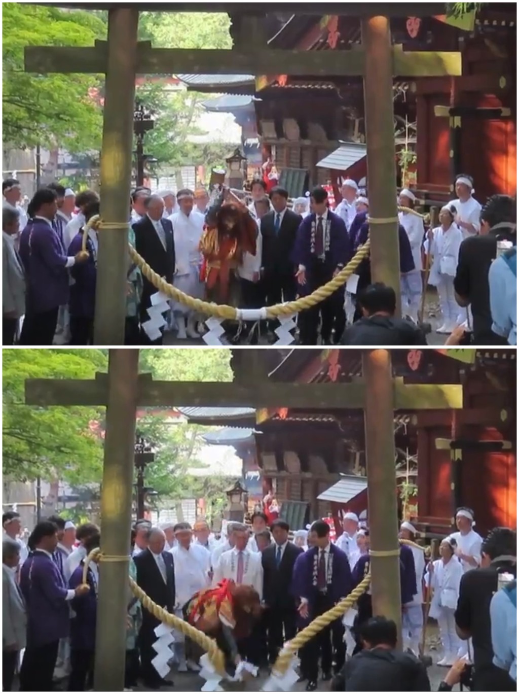 6月30日富士山开山前夜祭,“手力男命”在吉田路线起点的鸟居用木槌斩断绳索,象征正式开山。 X@fujisanclimb 6月30日富士山开山前夜祭,“手力男命”在吉田路线起点的鸟居用木槌斩断绳索,象征正式开山。 X@fujisanclimb