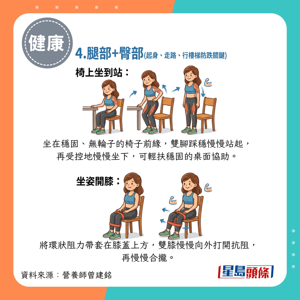 4.腿部+臀部（起身、走路、行楼梯防跌关键）