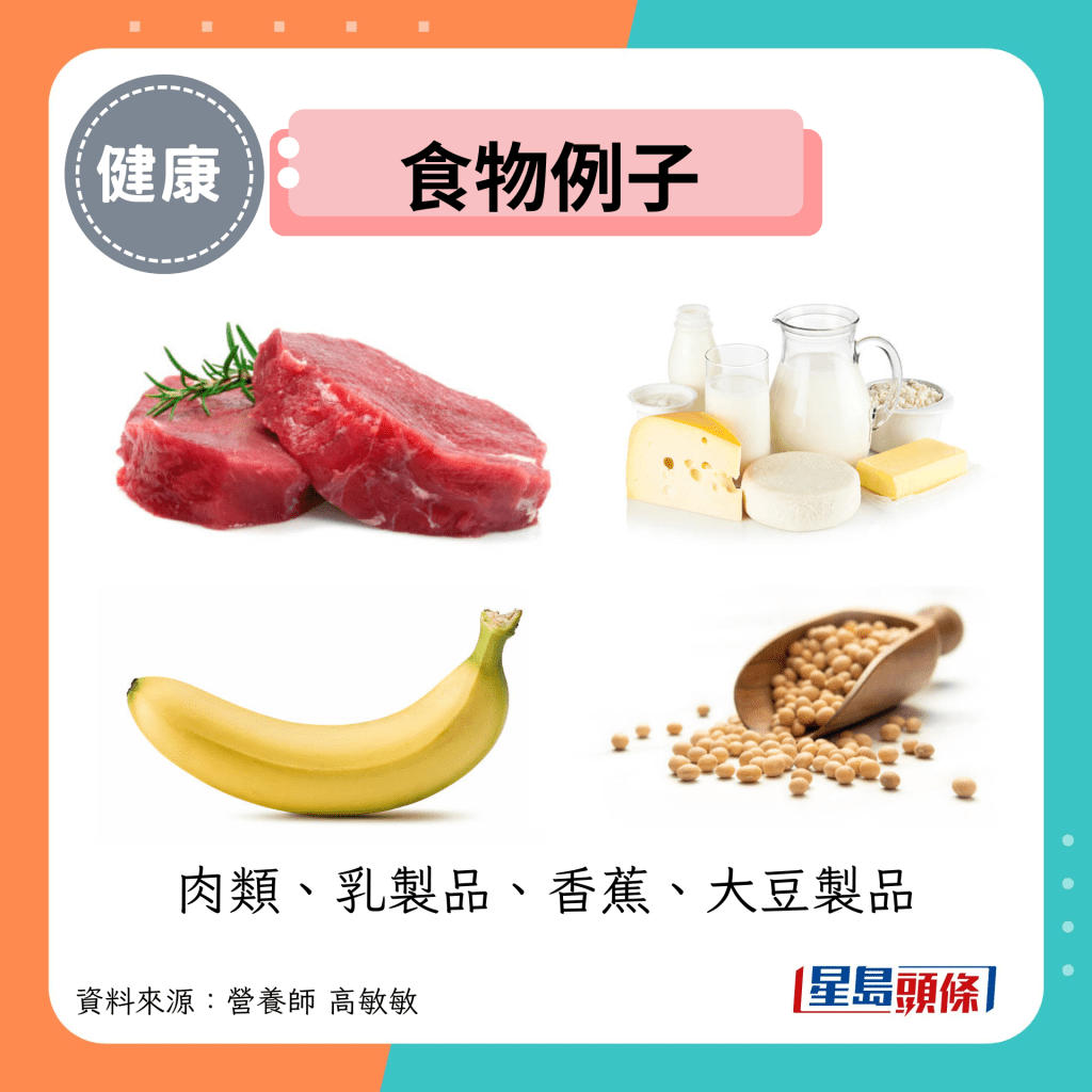 食物例子：肉类、乳制品、香蕉、大豆制品
