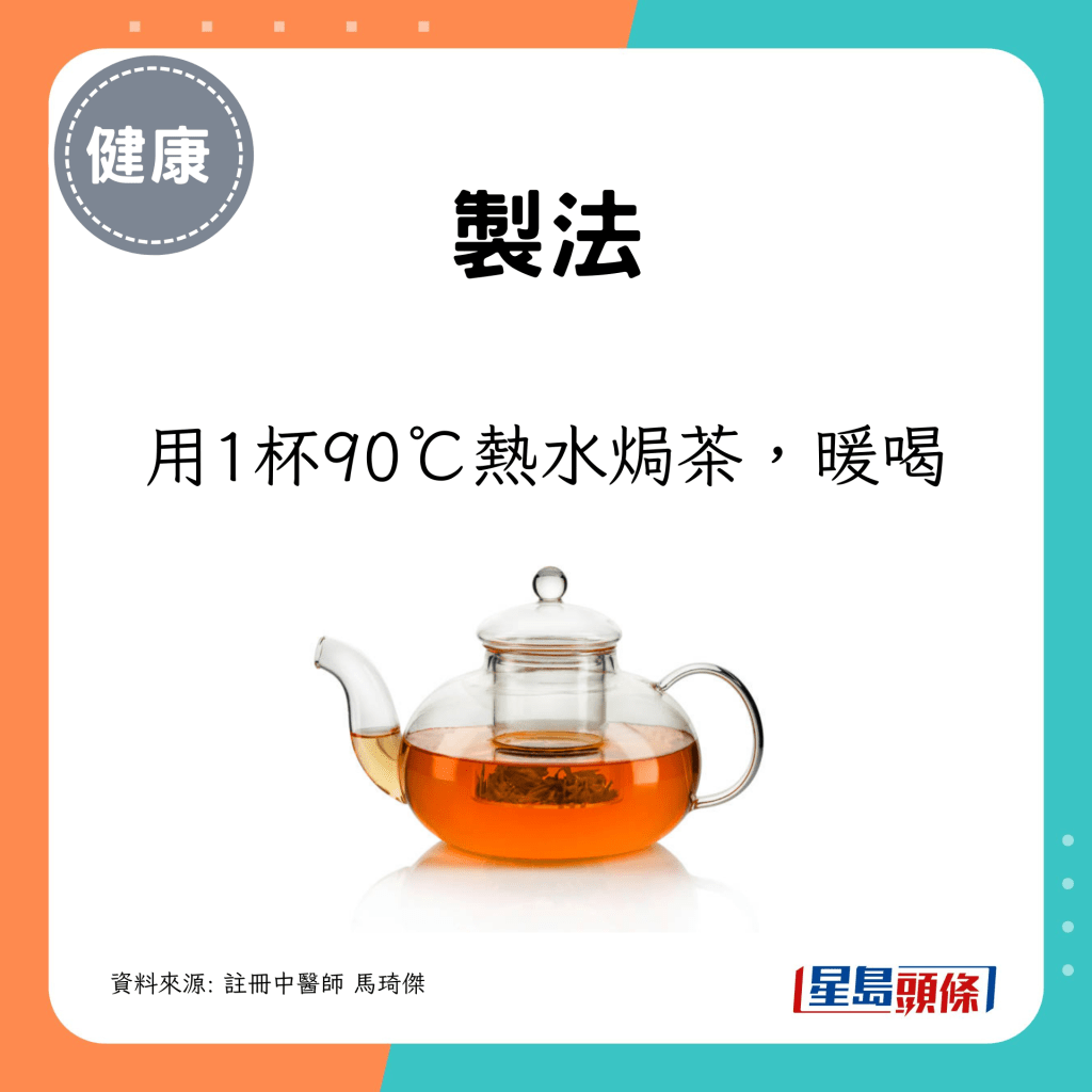 制法:用1杯90°C的热水焗茶,暖喝 制法:用1杯90°C的热水焗茶,暖喝