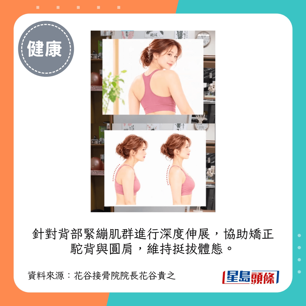针对背部紧绷肌群进行深度伸展，协助矫正驼背与圆肩，维持挺拔体态。