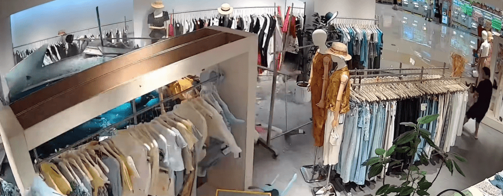 蓝色SUV失控直冲入服装店。 蓝色SUV失控直冲入服装店。