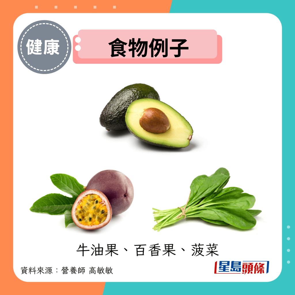 食物例子：牛油果、百香果、菠菜