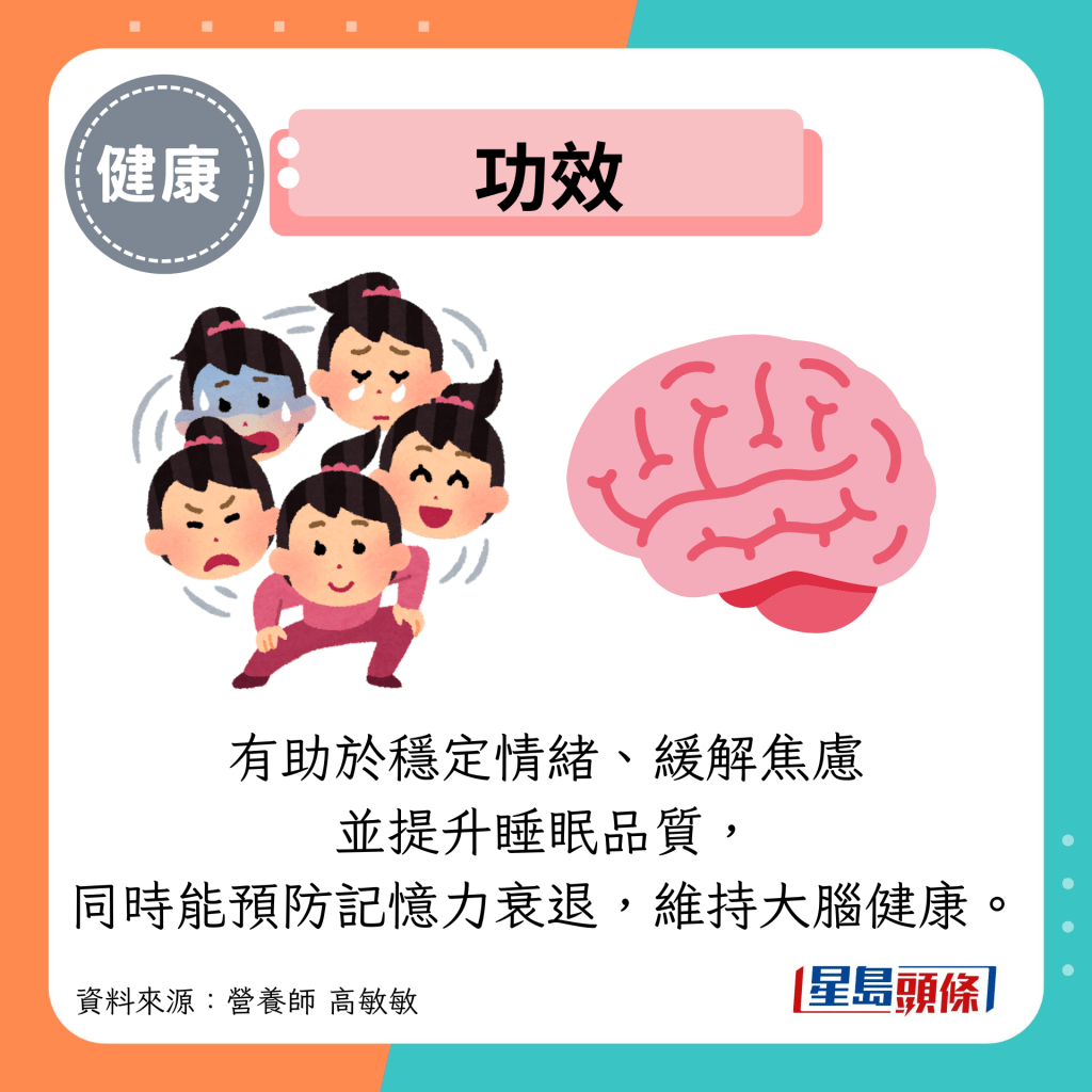 功效：有助于稳定情绪、缓解焦虑 并提升睡眠品质， 同时能预防记忆力衰退，维持大脑健康。