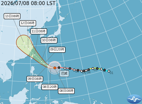 台湾气象部门预测“巴威”路径。台气象部门 台湾气象部门预测“巴威”路径。台气象部门