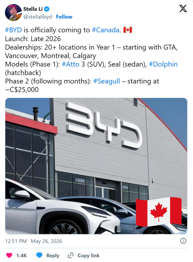 终于! 比亚迪确认年底登陆加拿大 起售价$2.5万 连开20家门店!