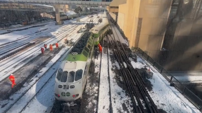 A disabled GO train near Union Station in Toronto on Feb. 2, 2026