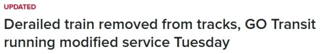 多伦多GO脱轨列车已移走！周二通勤时刻表有调整