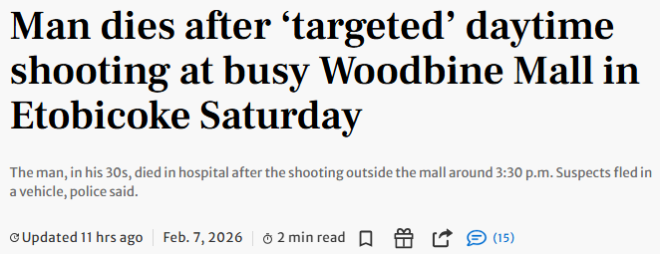 多伦多商场大白天发生致命枪击：SUV布满10个弹孔 现场骇人
