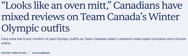 加拿大队冬奥制服亮相! 网友两眼一黑: Lululemon把我们坑惨了