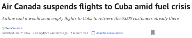 古巴航线大乱: 加拿大4大航空公司免费退改签 恐影响春假出行