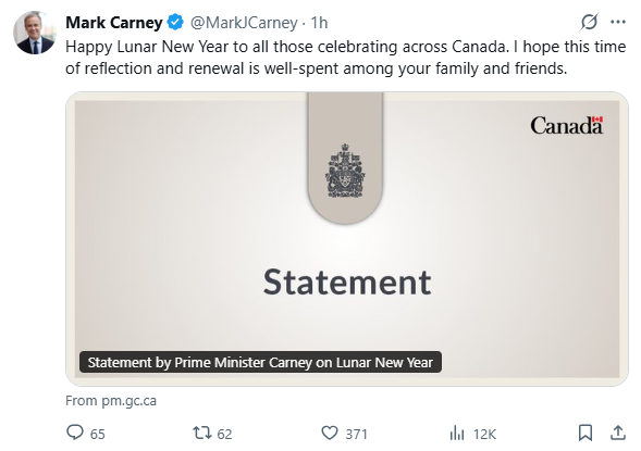 刚刚! 卡尼总理发表农历新年贺词: 感谢亚裔的贡献!