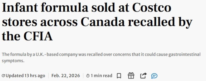Costco全国紧急召回婴儿奶粉：含耐热毒素，CFIA警告勿食用