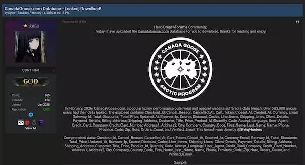“加拿大鹅”60万顾客信息泄露，正在“暗网”供人免费下载！