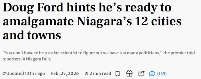 福特出手！拟强制合并尼亚加拉12个市镇：议员人数太多了