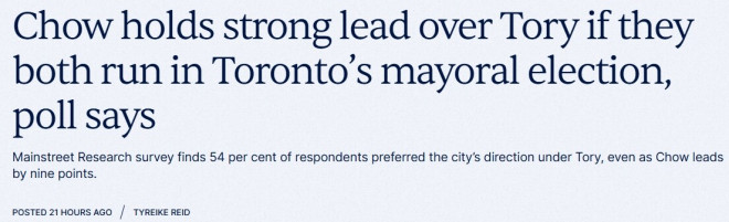多伦多最新民调：邹至蕙领先庄德利，10月有望连任市长