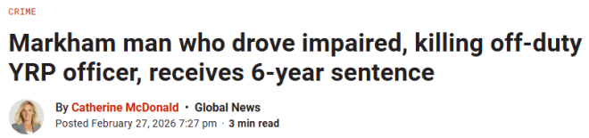 万锦中国留学生被重判入狱6年: 醉酒持G2开保时捷撞死警察!