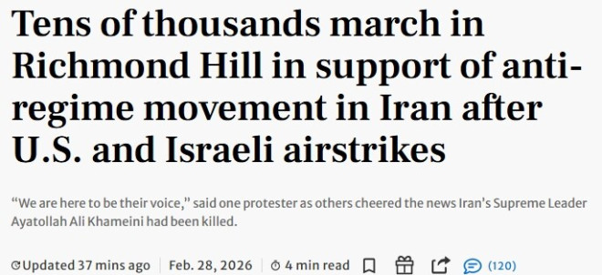 列治文山5万人涌上街头，庆祝伊朗最高领袖被炸死