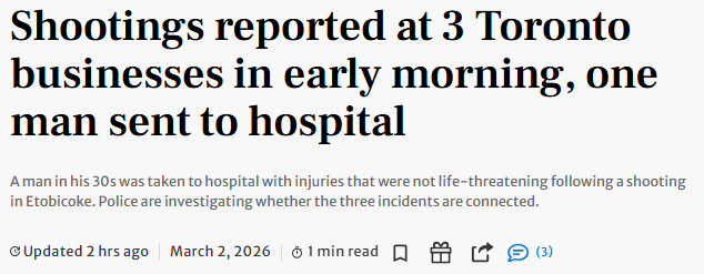 3小时爆3起枪击！多伦多商铺接连遭殃，1人重伤送医！嫌疑人在逃