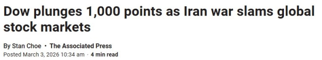 油价暴涨！华尔街重挫，道指一度跌超千点