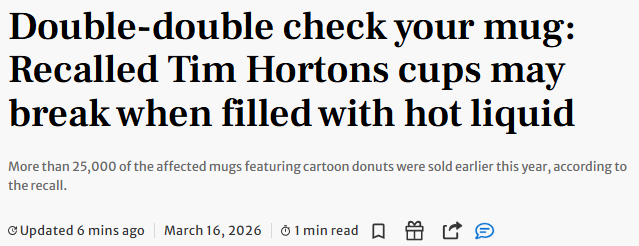 立即停用! 加拿大Tim Hortons召回2.5万个咖啡杯 4月22日前可退款