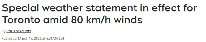多伦多狂风+降雪：阵风80km/h，体感-22°C，出行要小心
