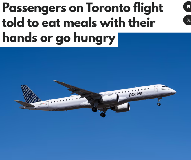 离大谱！飞多伦多航班让乘客"用手吃饭", 否则只能全程挨饿