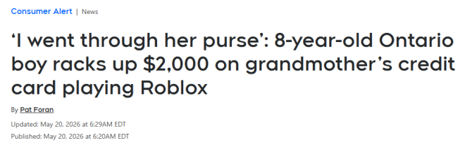 花$2000买个教训! 安省8岁男孩玩Roblox刷爆奶奶信用卡!