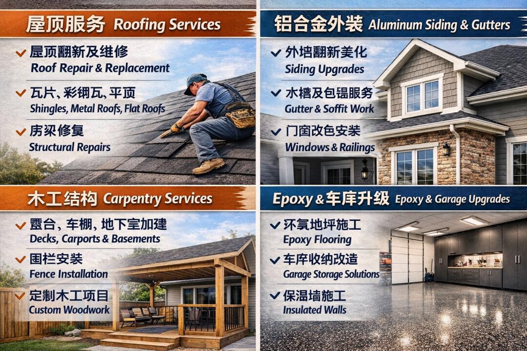 服务内容介绍点击下方13年Roofing&Siding 水槽经验丰富让您少走弯路