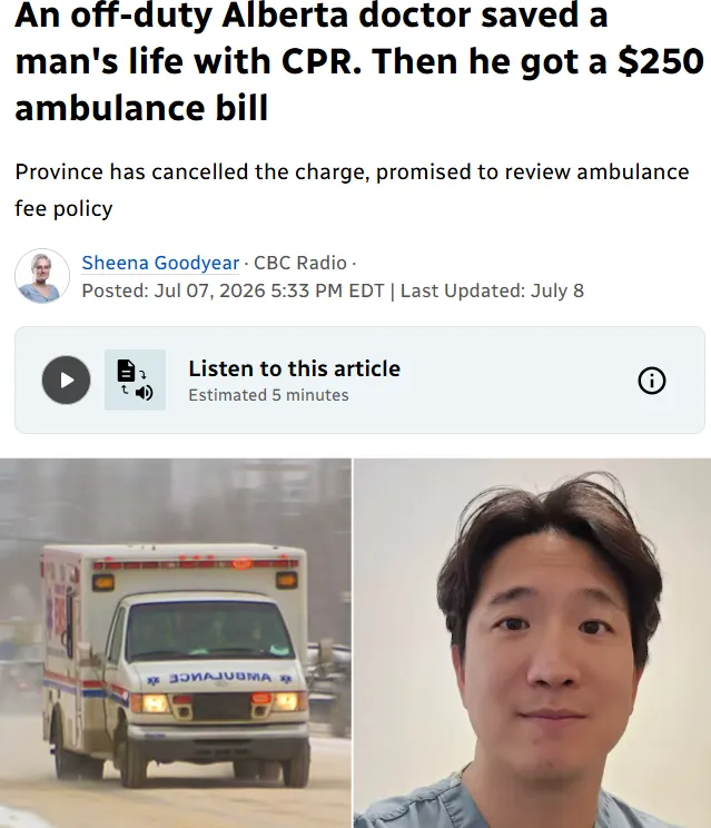 加拿大亚裔医生好心救人, 却收$250账单！
