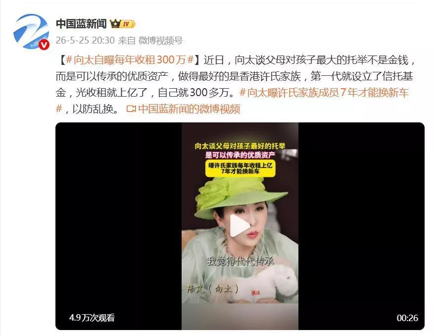 向太曝许氏家族每年收租上亿，自己就300多万