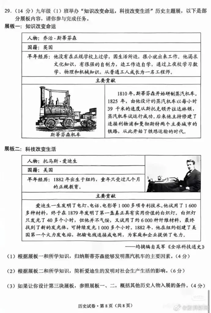 中考题引群嘲：爱迪生发明电话 一出生就盖发电厂